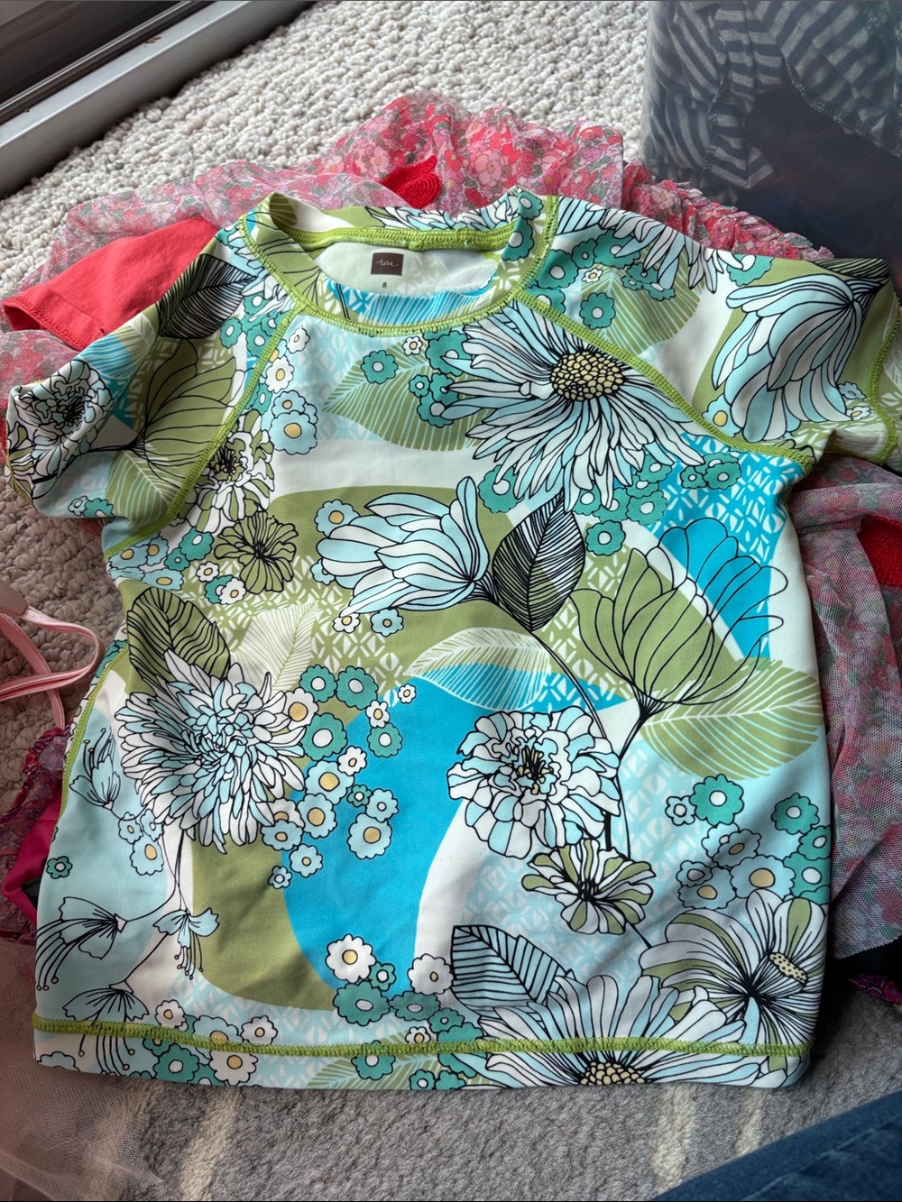 Tea Collection Girls Floral Rash Guard in Aqua, Green & White